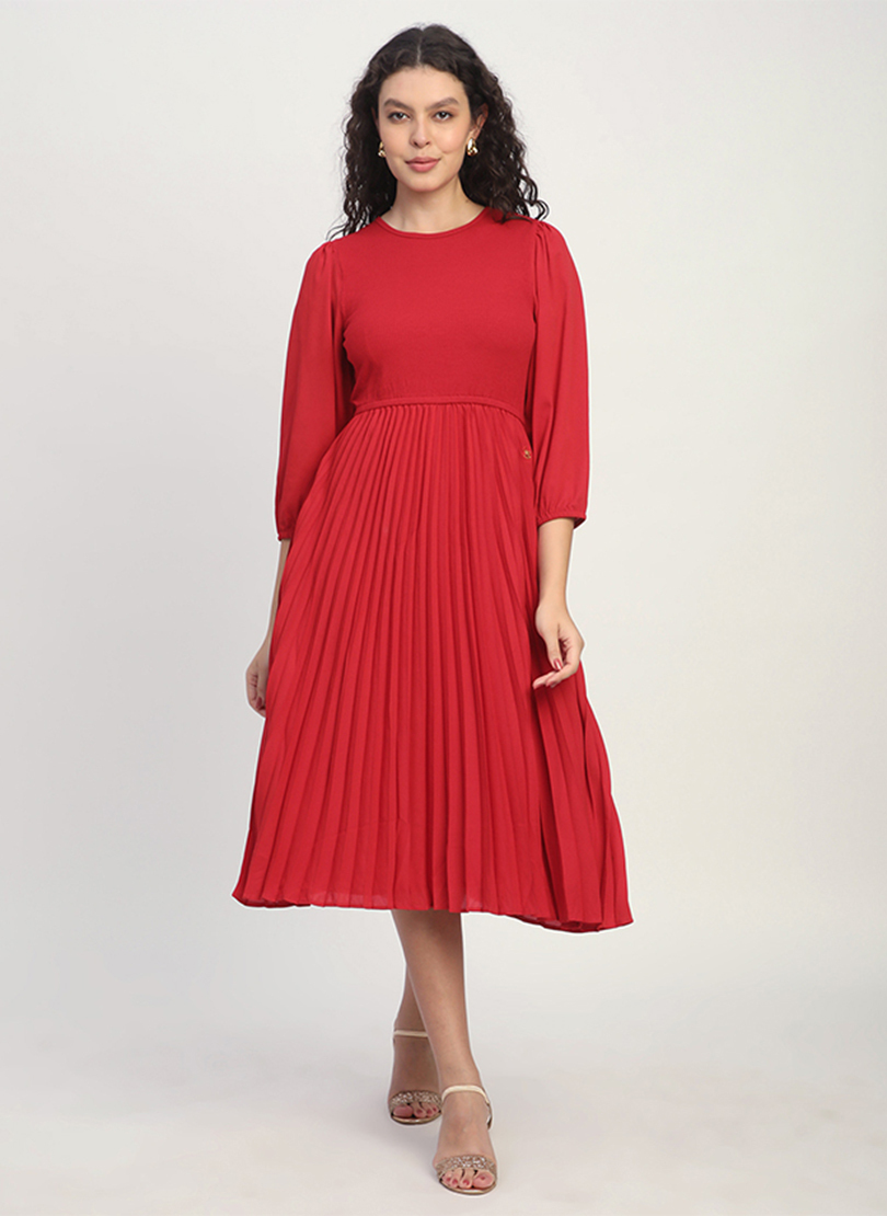 Ribbed Ruffle 3/4 Sleeves Midi Dress